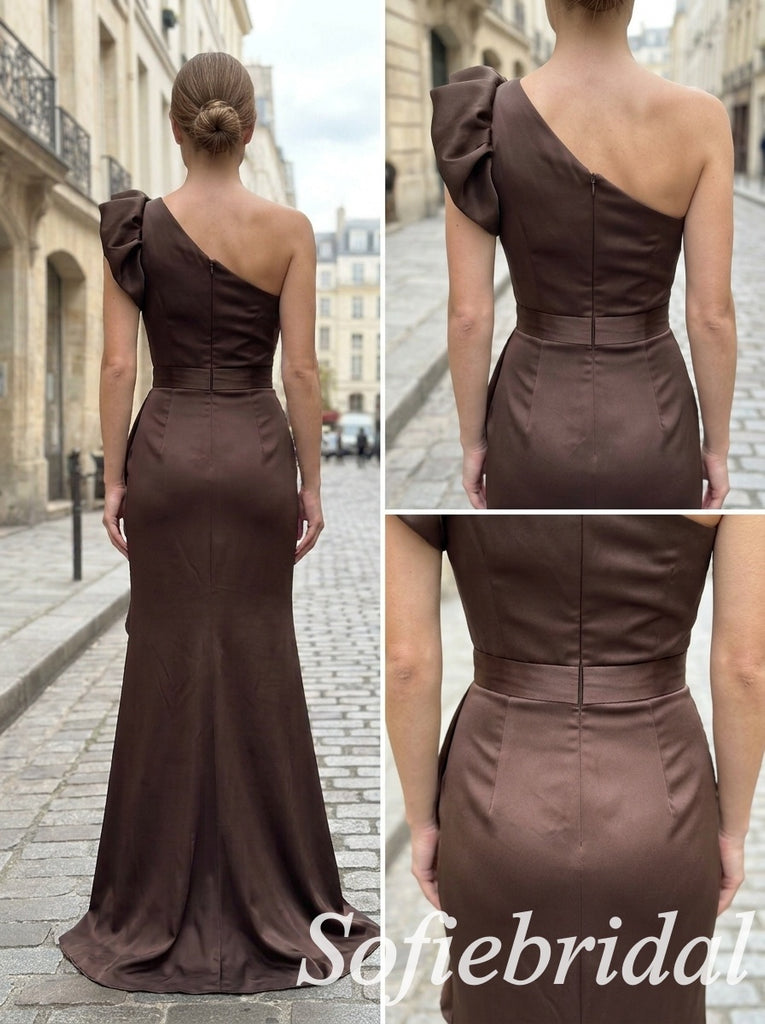 Chocolate Brown Satin One Shoulder Ruffle Detail Waistband Mermaid Bridesmaid Dress,PD1364