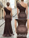Chocolate Brown Satin One Shoulder Ruffle Detail Waistband Mermaid Bridesmaid Dress,PD1364