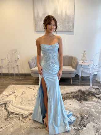 Light Sky Blue Strapless Straight Neck Rhinestone Corset Bodice Satin Mermaid Slit Floor Length Evening Dress,PD13856