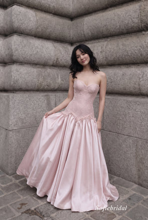 Dusty Blush Strapless Sweetheart Lace Applique Bodice Satin Ball Gown Floor Length Evening Dress,PD13855