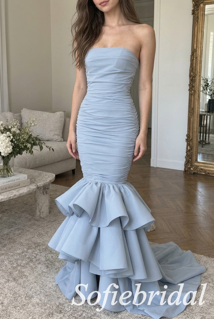 Dusty Blue Satin Strapless Ruched Bodice Cascading Ruffle Hem Train Mermaid Prom Dress,PD1362