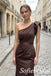 Chocolate Brown Satin One Shoulder Ruffle Detail Waistband Mermaid Bridesmaid Dress,PD1364
