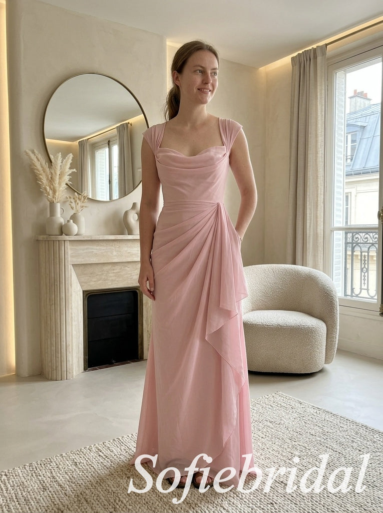 Blush Pink Chiffon Square Cowl Neck Cap Sleeve Draped Ruched Floor Length A-Line Prom Dress ,PD1361