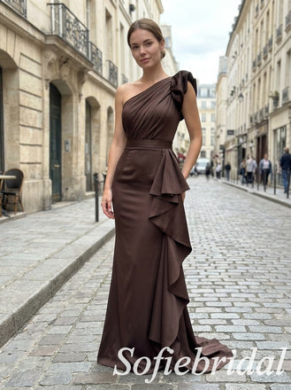 Chocolate Brown Satin One Shoulder Ruffle Detail Waistband Mermaid Bridesmaid Dress,PD1364