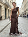 Chocolate Brown Satin One Shoulder Ruffle Detail Waistband Mermaid Bridesmaid Dress,PD1364