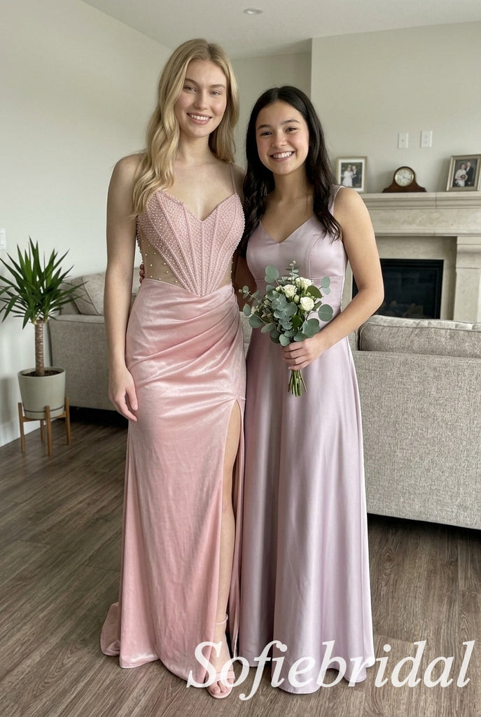 Dusty Pink Satin Spaghetti Straps Beaded Sheer Corset Side Slit Mermaid Prom Dress,PD1363