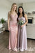 Dusty Pink Satin Spaghetti Straps Beaded Sheer Corset Side Slit Mermaid Prom Dress,PD1363