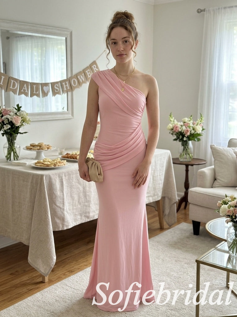 Dusty Pink Jersey One Shoulder Ruched Bodice Floor Length Mermaid Bridesmaid Dress, SFWG00720