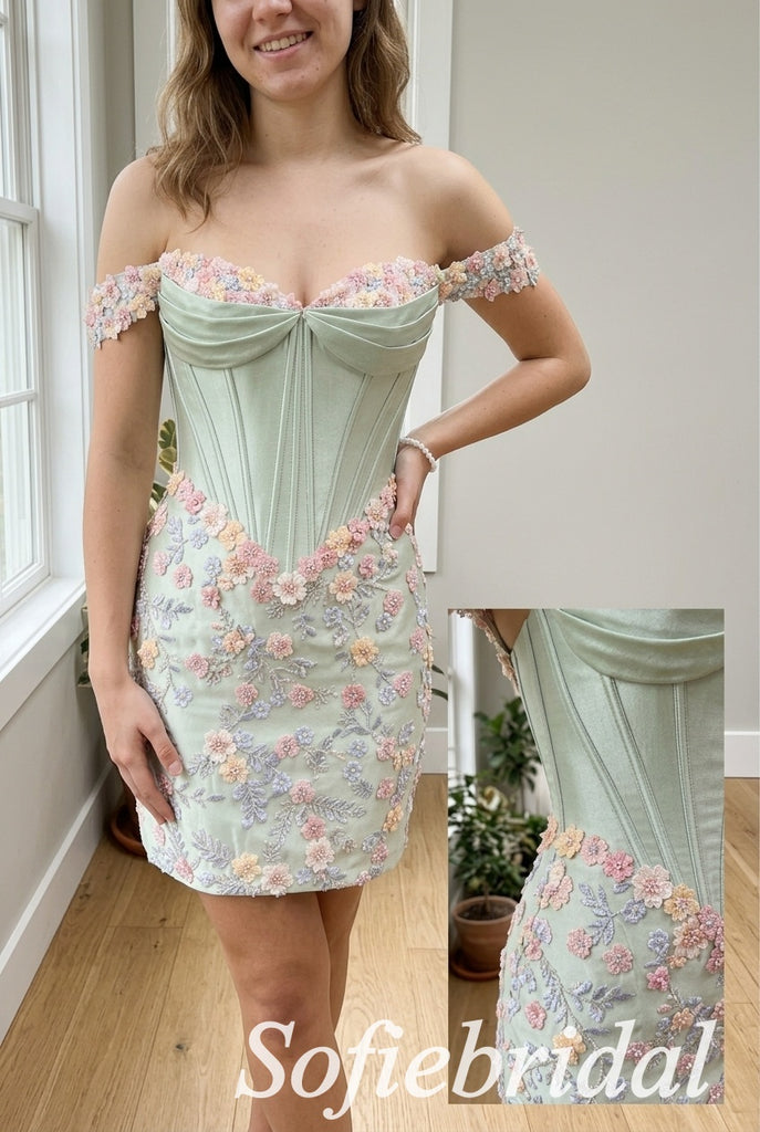 Sage Green Satin 3D Floral Off The Shoulder Corset Mini Dress, HD0377