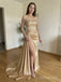 Champagne Off-Shoulder Beaded Satin Gown | Hand-Embellished Sparkle Sleeves, Slit & Train — Luxury Evening & Wedding Dress,PD1372