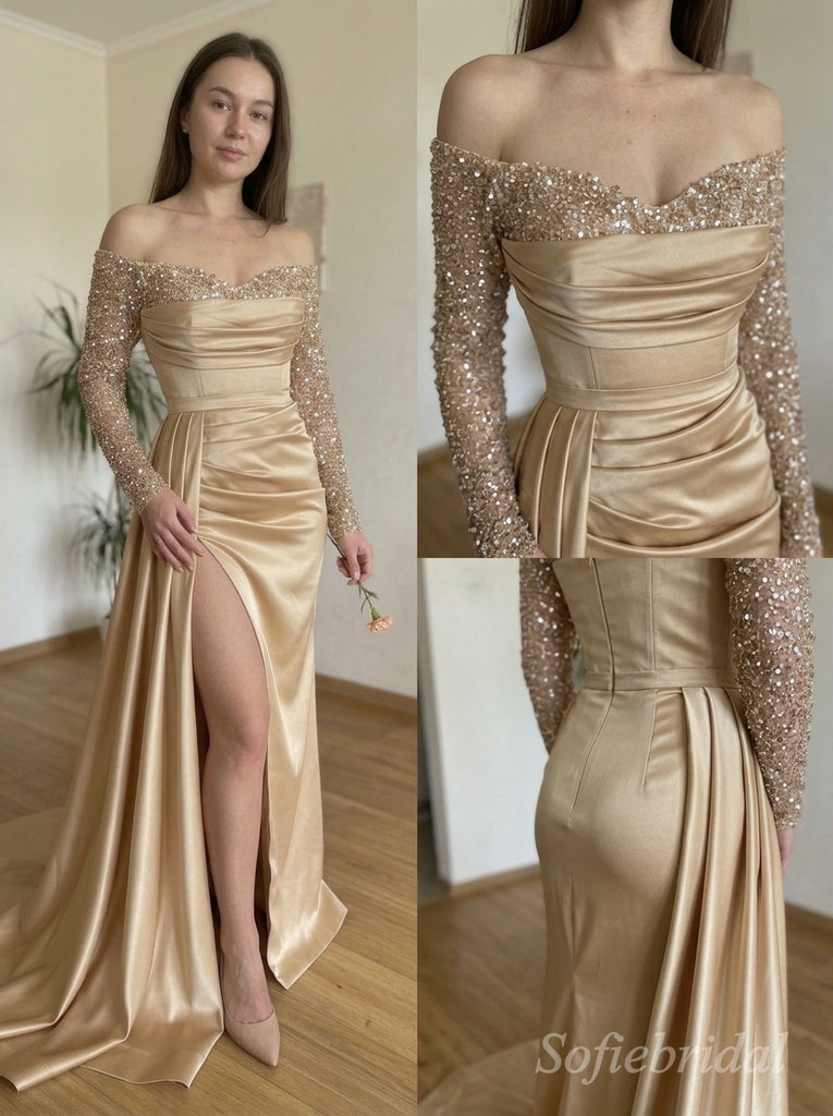 Champagne Off-Shoulder Beaded Satin Gown | Hand-Embellished Sparkle Sleeves, Slit & Train — Luxury Evening & Wedding Dress,PD1372