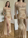 Champagne Off-Shoulder Beaded Satin Gown | Hand-Embellished Sparkle Sleeves, Slit & Train — Luxury Evening & Wedding Dress,PD1372