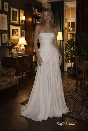 Ivory Strapless Tube Ruched Bodice Chiffon A Line Wedding Dress With Feather Hem Sweep Train,PD13860