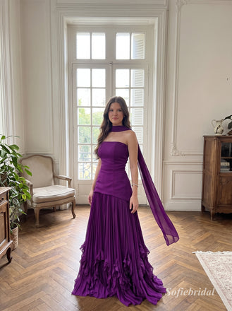 Purple Chiffon Strapless Asymmetrical Bodice A-Line Gown With Pleated Ruffle Skirt & Choker Sash, PD13869