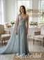 Dusty Blue Chiffon One Shoulder Twist Cutout Beaded Waist Cape Sleeve Floor Length A-Line Bridesmaid Gown,PD1358