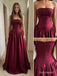 Burgundy Satin Strapless Straight Neck Structured Bodice Gathered A-Line Evening Dress,PD13841
