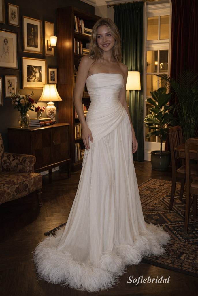 Ivory Strapless Tube Ruched Bodice Chiffon A Line Wedding Dress With Feather Hem Sweep Train,PD13860