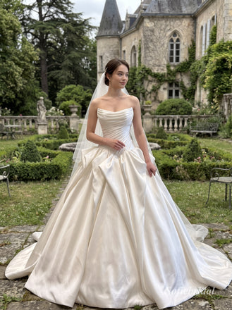 White Heavy Satin Strapless Ruched Bodice Ball Gown Wedding Dress With Dramatic Bow & Sweep Train,SFWD0114