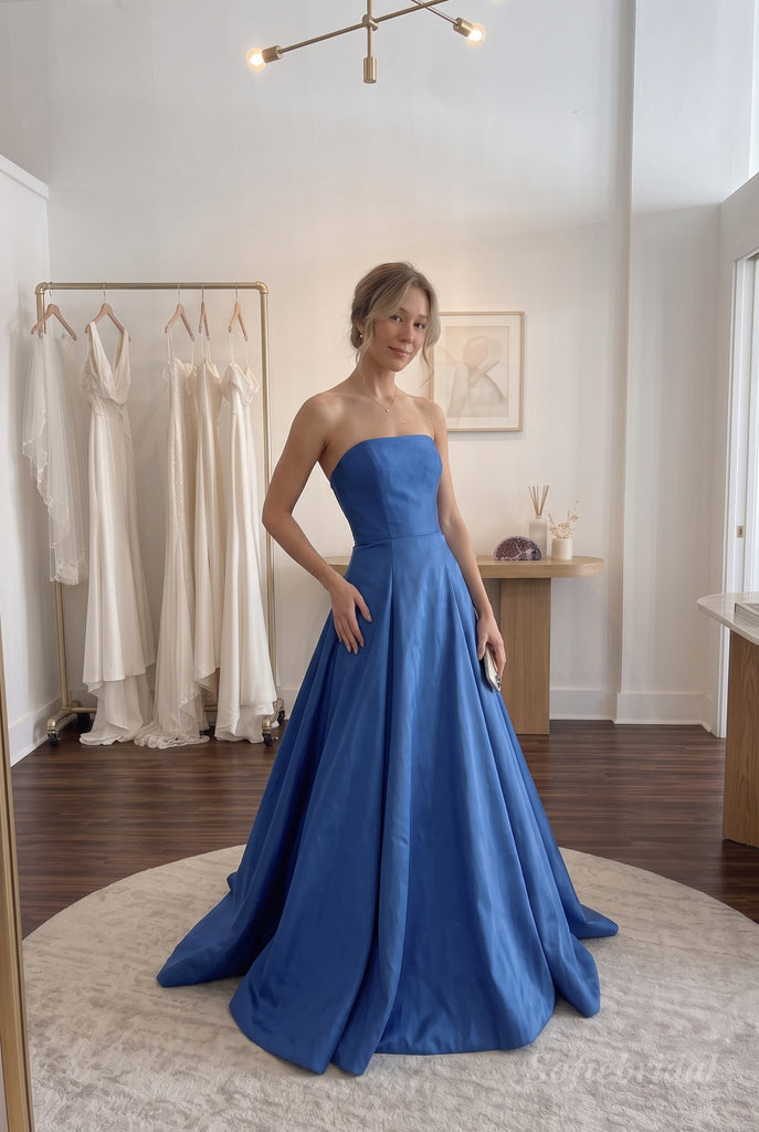 Royal Blue Satin Strapless Tube Neck Structured Ball Gown Formal Dress, PD13864