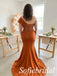 Terracotta Satin Off-the-Shoulder Sheer Beaded Corset Floor Sweeping Mermaid Prom Dress ,PD1360