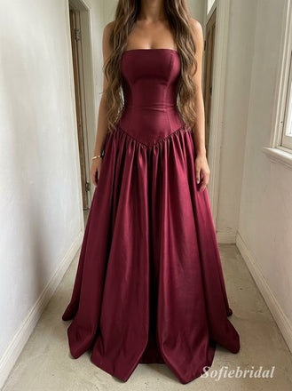 Burgundy Satin Strapless Straight Neck Structured Bodice Gathered A-Line Evening Dress,PD13841
