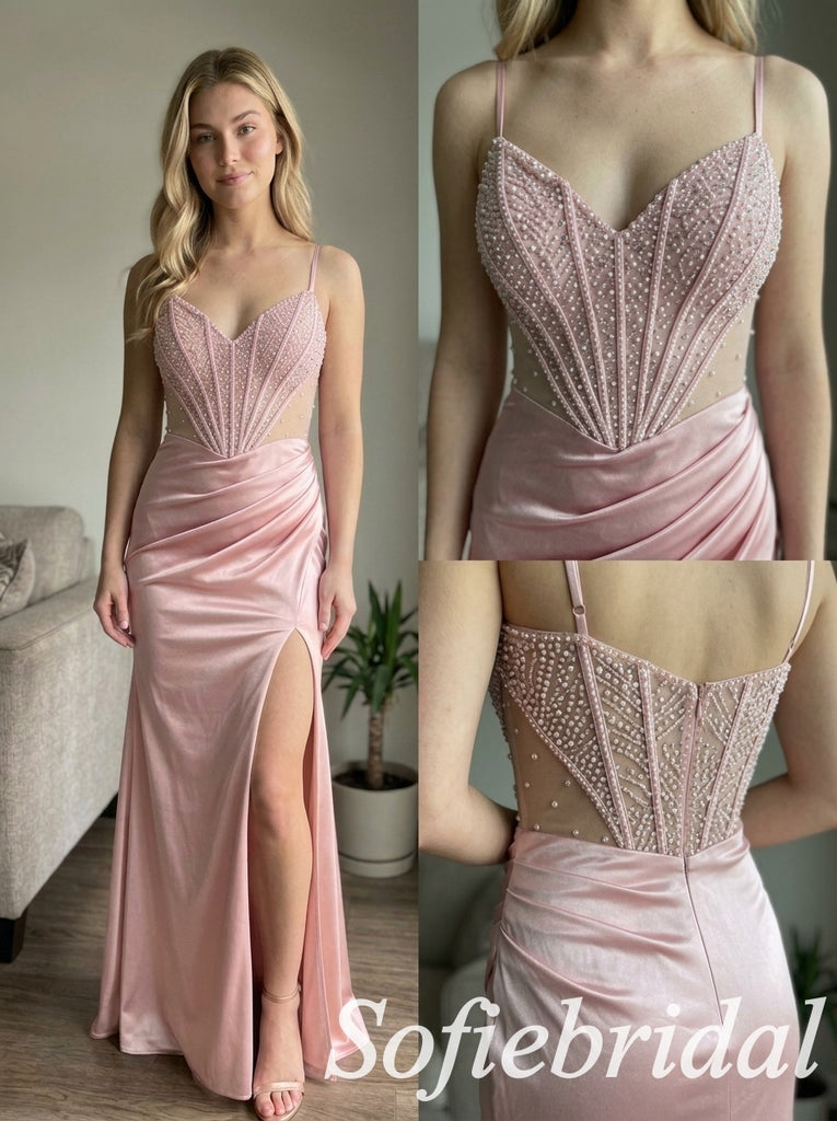 Dusty Pink Satin Spaghetti Straps Beaded Sheer Corset Side Slit Mermaid Prom Dress,PD1363