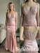 Dusty Pink Satin Spaghetti Straps Beaded Sheer Corset Side Slit Mermaid Prom Dress,PD1363