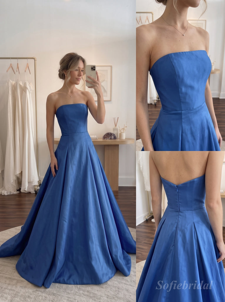 Royal Blue Satin Strapless Tube Neck Structured Ball Gown Formal Dress, PD13864
