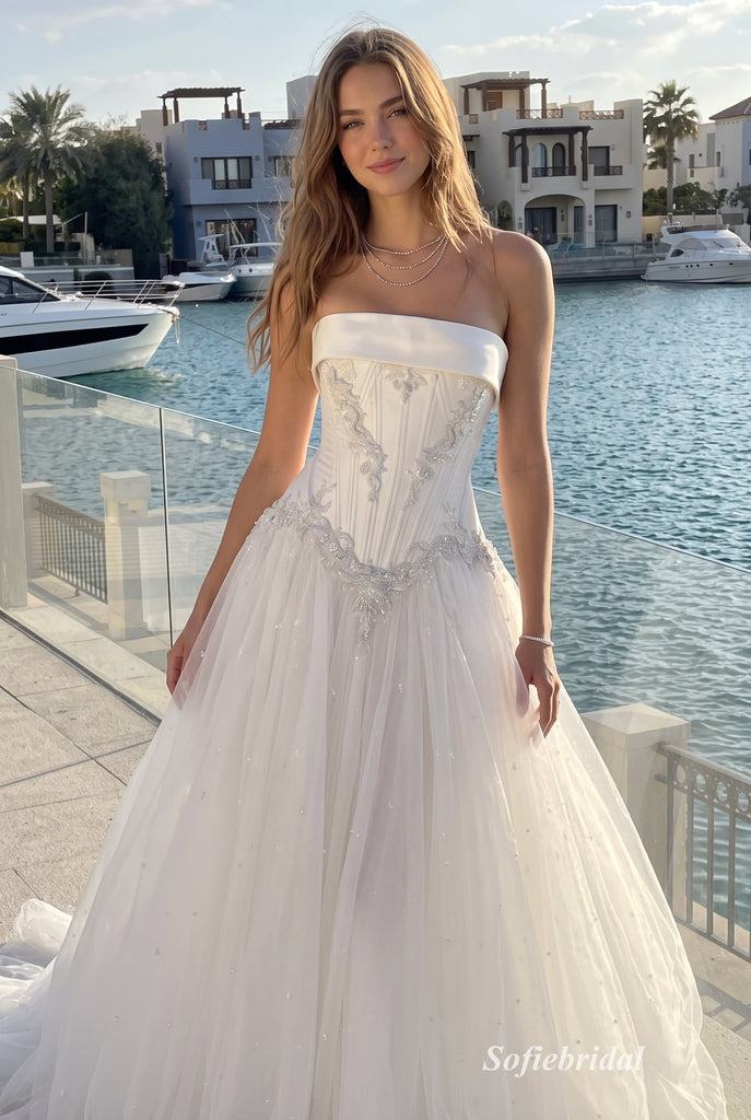 White Jacquard Satin Strapless Square Neck Structured Bodice Ball Gown Floor Length Wedding Dress ,SFWD0106