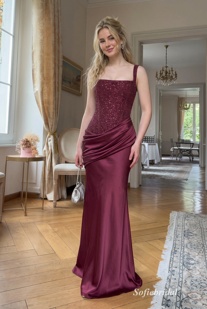 Burgundy One Shoulder Square Neck Sequin Corset Bodice Satin Mermaid Floor Length Evening Dress,PD13857