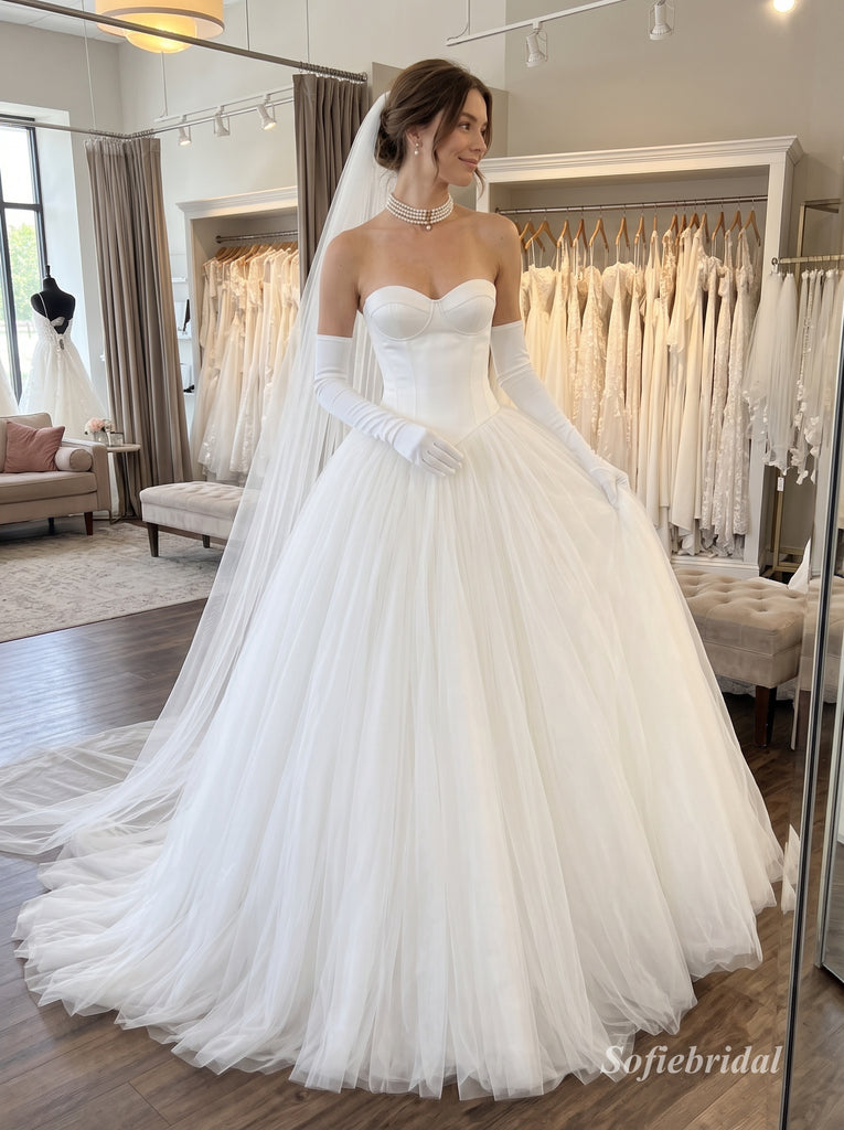 White Satin & Tulle Sweetheart Corset Bodice Ball Gown Wedding Dress With Sheer Back,SFWD0113