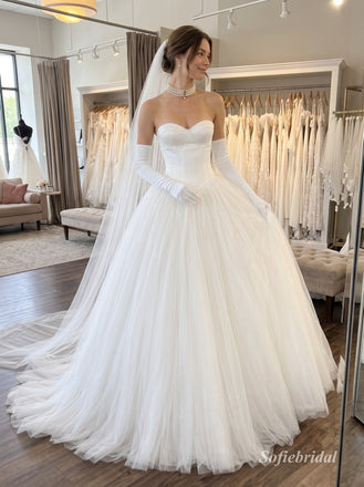 White Satin & Tulle Sweetheart Corset Bodice Ball Gown Wedding Dress With Sheer Back,SFWD0113