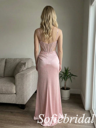 Dusty Pink Satin Spaghetti Straps Beaded Sheer Corset Side Slit Mermaid Prom Dress,PD1363