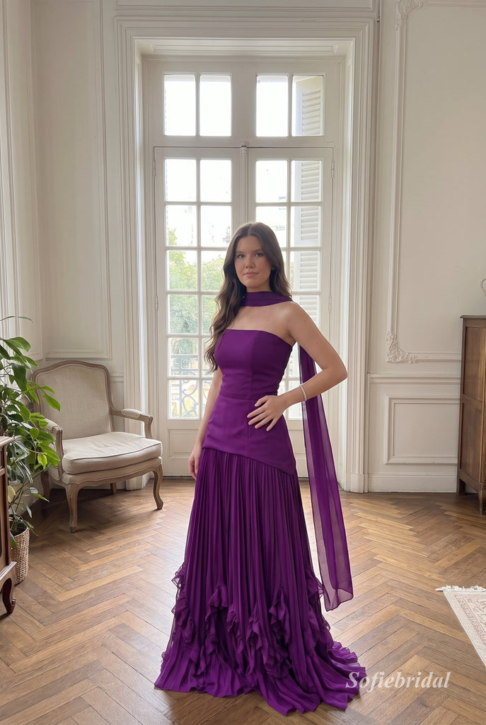 Purple Chiffon Strapless Asymmetrical Bodice A-Line Gown With Pleated Ruffle Skirt & Choker Sash, PD13869