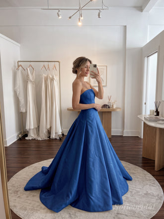 Royal Blue Satin Strapless Tube Neck Structured Ball Gown Formal Dress, PD13864