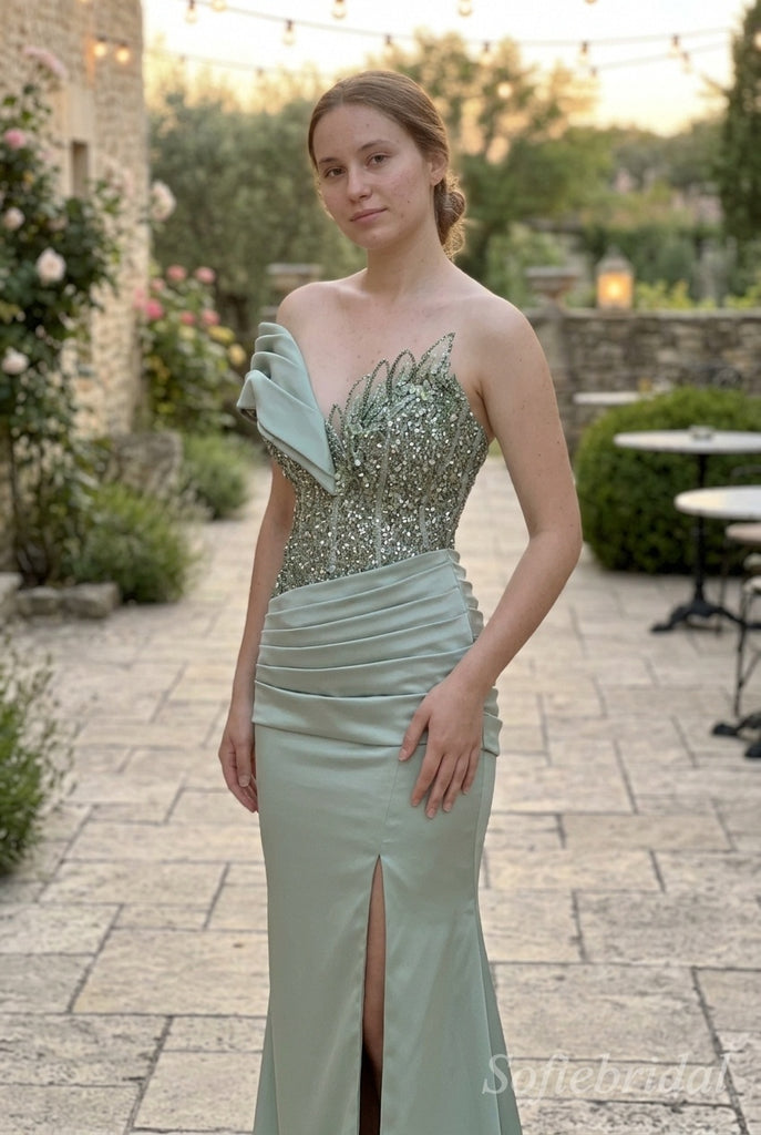 Sage Green Satin Off The Shoulder Draped Ruffle Beaded Mermaid High Slit Floor Length Prom Dress,PD1375