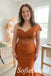 Terracotta Satin Off-the-Shoulder Sheer Beaded Corset Floor Sweeping Mermaid Prom Dress ,PD1360
