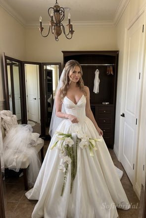 White Heavy Satin Sweetheart Corset Structured Bodice Ball Gown Wedding Dress With Sweep Train，SFWD0109