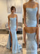 Light Sky Blue Strapless Straight Neck Rhinestone Corset Bodice Satin Mermaid Slit Floor Length Evening Dress,PD13856