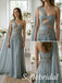 Dusty Blue Chiffon One Shoulder Twist Cutout Beaded Waist Cape Sleeve Floor Length A-Line Bridesmaid Gown,PD1358