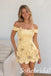 Pale Yellow Satin 3D Floral Off The Shoulder Mini Dress, HD0376