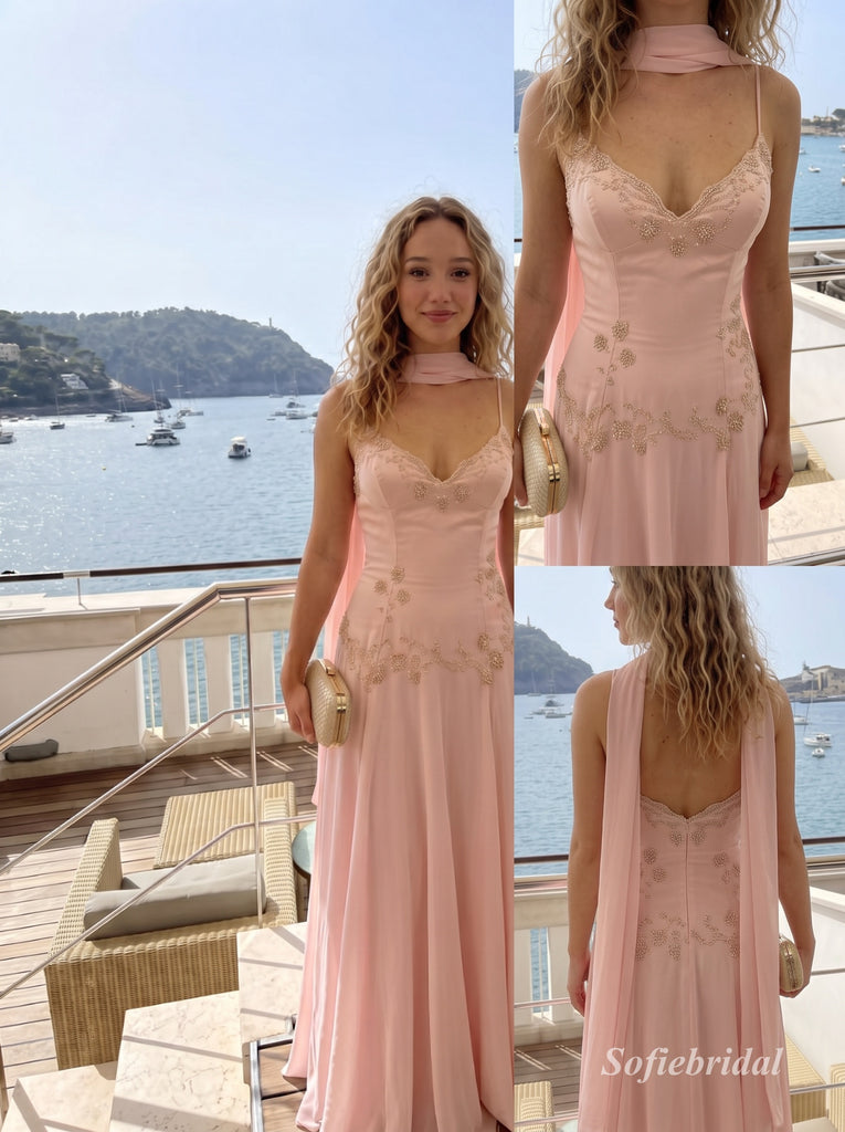 Blush Pink Chiffon Spaghetti Strap V-Neck A-Line Gown With Beaded Floral Appliques & Choker Scarf, PD13870
