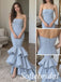 Dusty Blue Satin Strapless Ruched Bodice Cascading Ruffle Hem Train Mermaid Prom Dress,PD1362