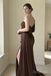Chocolate One-Shoulder Beaded Satin Gown | Hand-Embellished Sparkle Sleeve, High Slit & Train Dress,PD1373