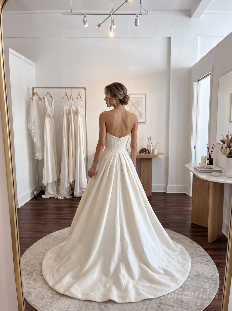 White Luxe Satin Strapless Straight Neck Structured Bodice Ball Gown Wedding Dress With Sweep Train,SFWD0108