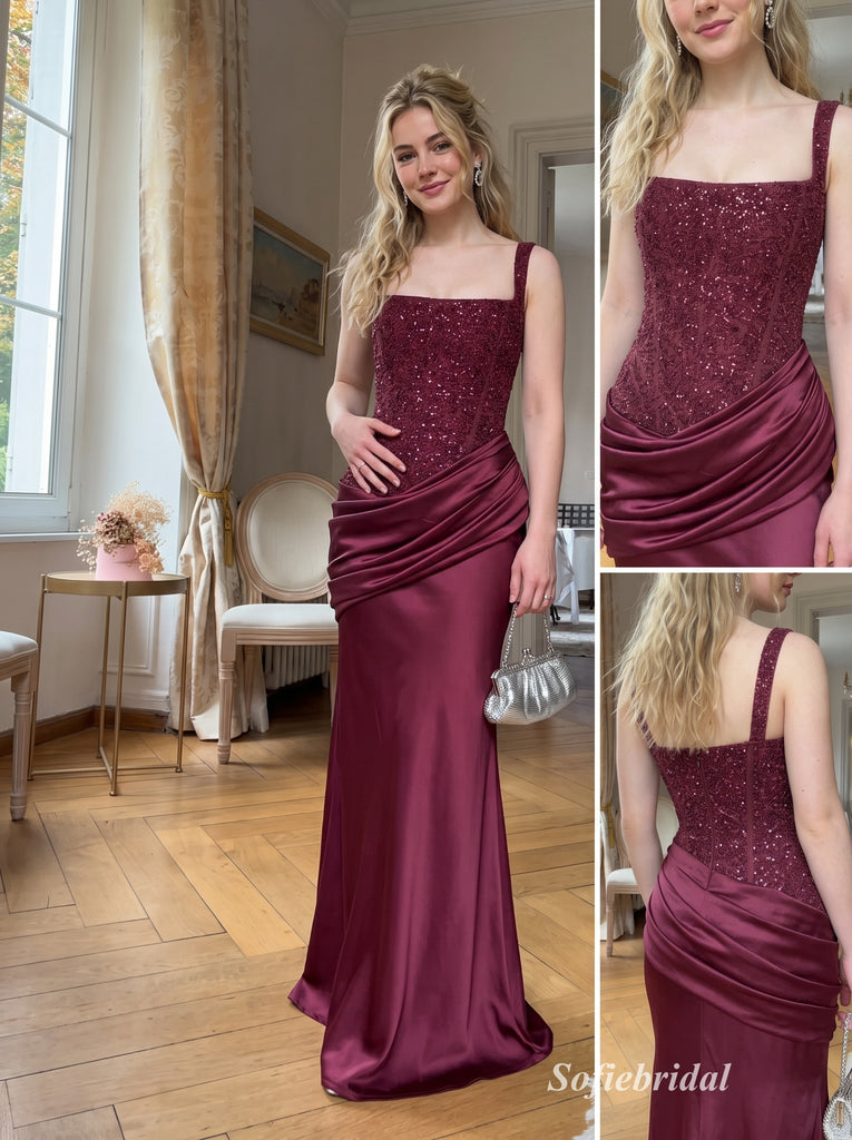 Burgundy One Shoulder Square Neck Sequin Corset Bodice Satin Mermaid Floor Length Evening Dress,PD13857