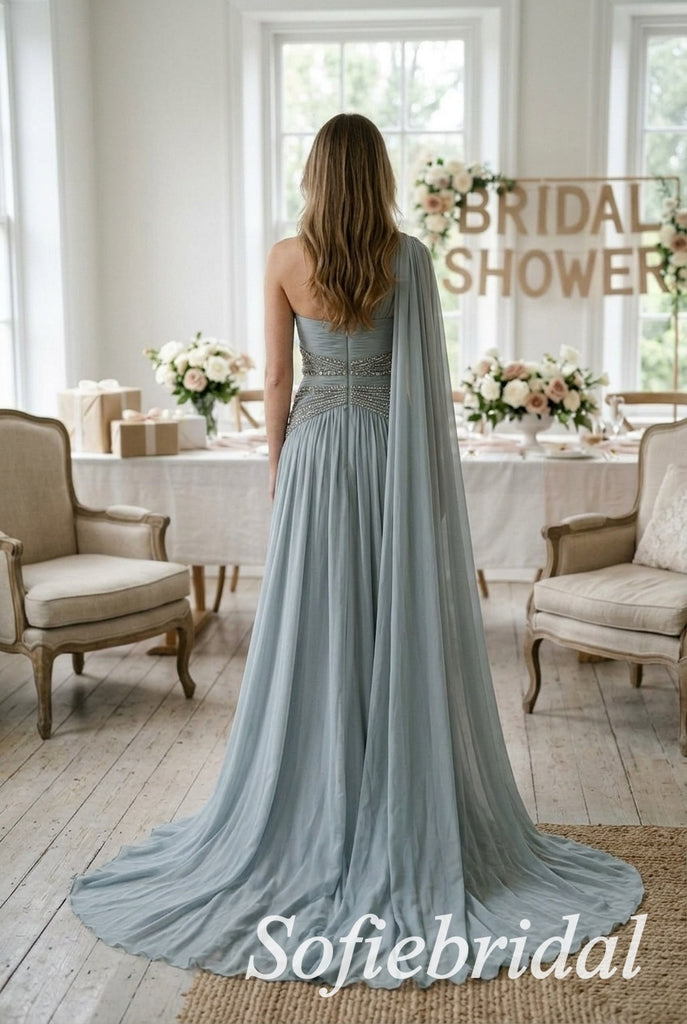 Dusty Blue Chiffon One Shoulder Twist Cutout Beaded Waist Cape Sleeve Floor Length A-Line Bridesmaid Gown,PD1358