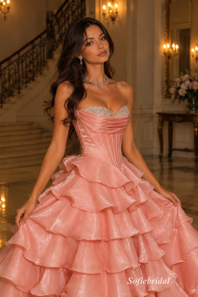 Dusty Rose Strapless Sweetheart Corset Bodice Tiered Ruffled Ball Gown Floor Length Evening Dress,PD13854