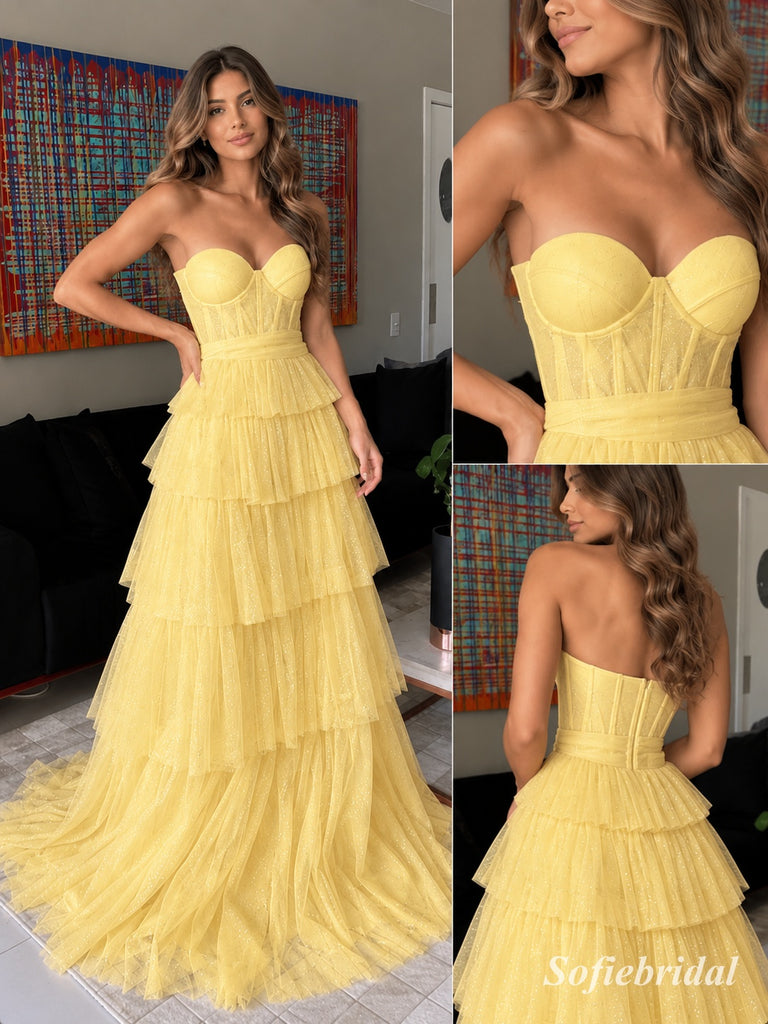 Pale Yellow Glitter Tulle Strapless Sweetheart Gown With Boned Corset Bodice & Tiered Ruffle Skirt, PD13881