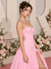 Pink Stretch Crepe Strapless Sweetheart Corset High Slit Pleated Floor Length Evening Dress,PD13850